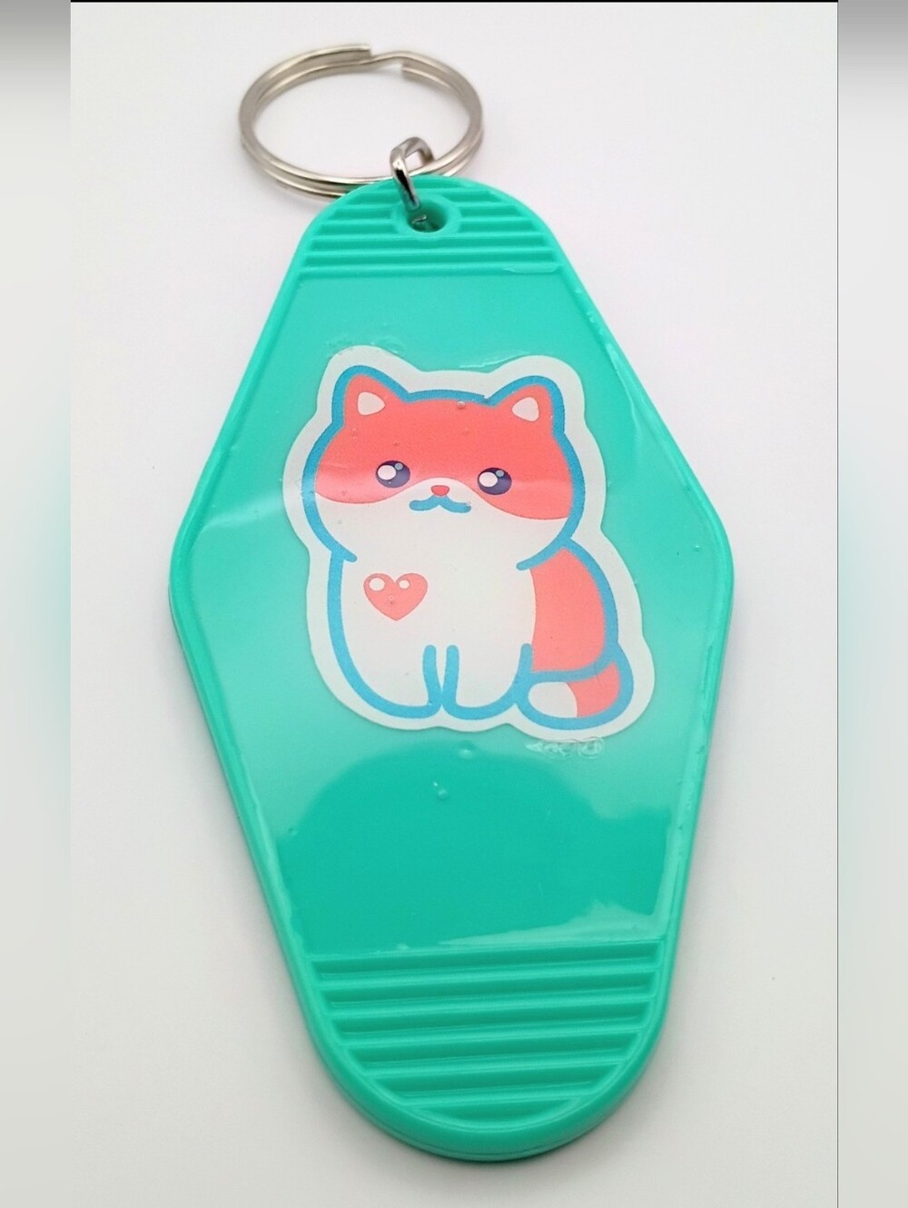 Cute Cat Keychain Tag in Teal and Coral